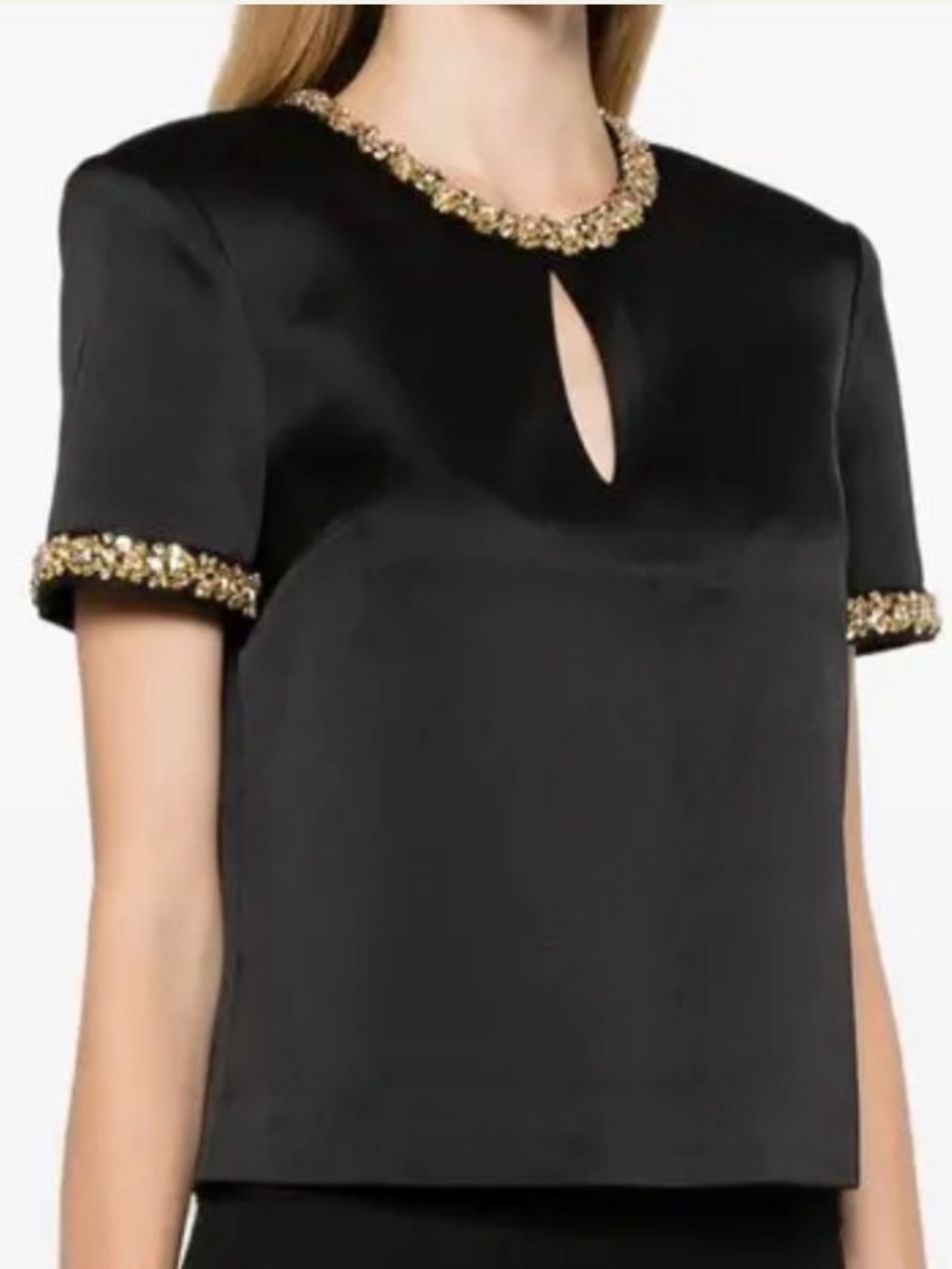 Self-Portrait Black With Gold Embellish Satin Short-Sleeve Blouse Size 2
